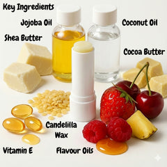 Ingredients for a lip balm product including jojoba oil, coconut oil, shea butter, cocoa butter, candelilla wax, vitamin E, and flavour oils.